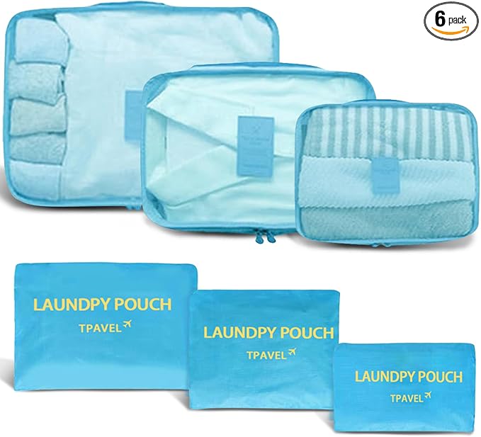 6 Set Packing Cubes for Travel Luggage Packing Bags Reusable Lightweight Suitcase Organizer Cubes Set for Travel Accessories (Sky Blue) by INVODA