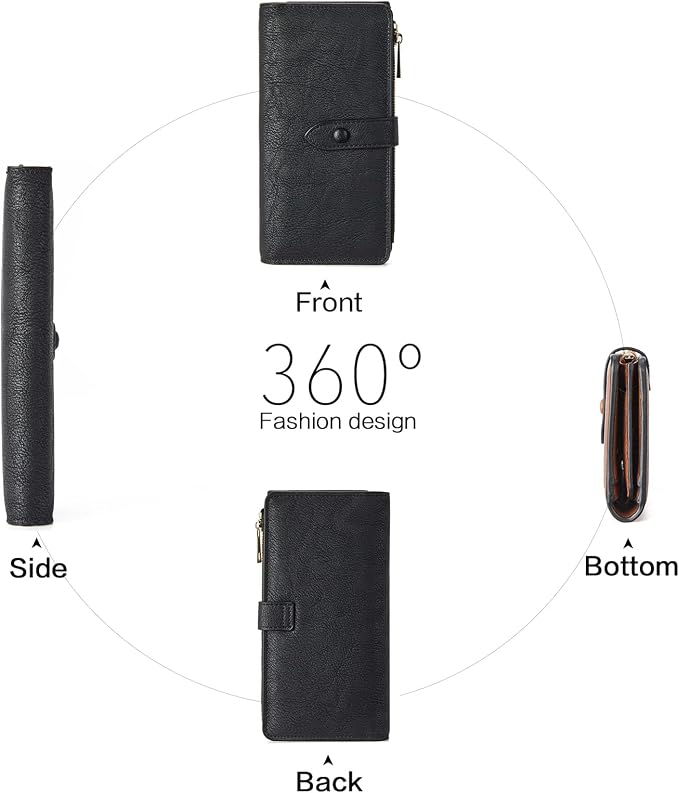 BOSTANTEN Womens Leather Wallet RFID Large Capacity Credit Card Holder | 4 ID Windows, 16 Card Slots, Zipper Coin Pocket, Clutch Wallet, Long Bifold, Ladies Gifts, Grey Black - Image 7