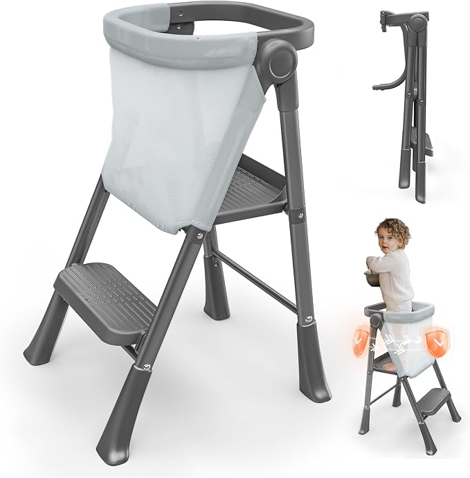 Foldable Toddler Standing Tower,Kitchen Helper Stool for Kids 1.5-6 Years | Safety Rail & Net Foldable Design Non-Slip Stable Easy Clean Portable Space Saving Storage Quick Assembly Montessori Black by RGKQSY