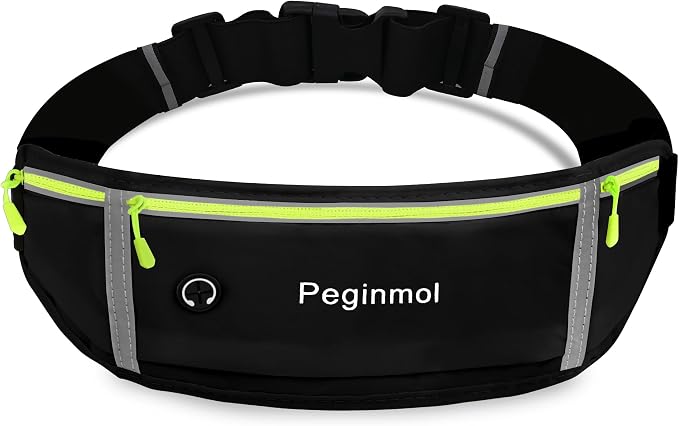 Slim Running Belt Fanny Pack, Waist Pack Bag for Women Men, Running Pouch for Phone Waterproof Reflective with 3 Pouches, Running Phone Holder for Sports, Traveling (Black + Green) by Peginmol
