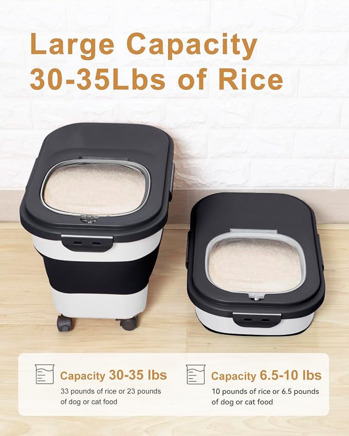 20-30 Lbs Rice Storage Container,Collapsible Food Storage Container | Flour Storage Container with Wheels Airtight Locking Lid,Rice Container Double Seal,Keep Fresh for Pet Food,Rice,Flour - Image 2