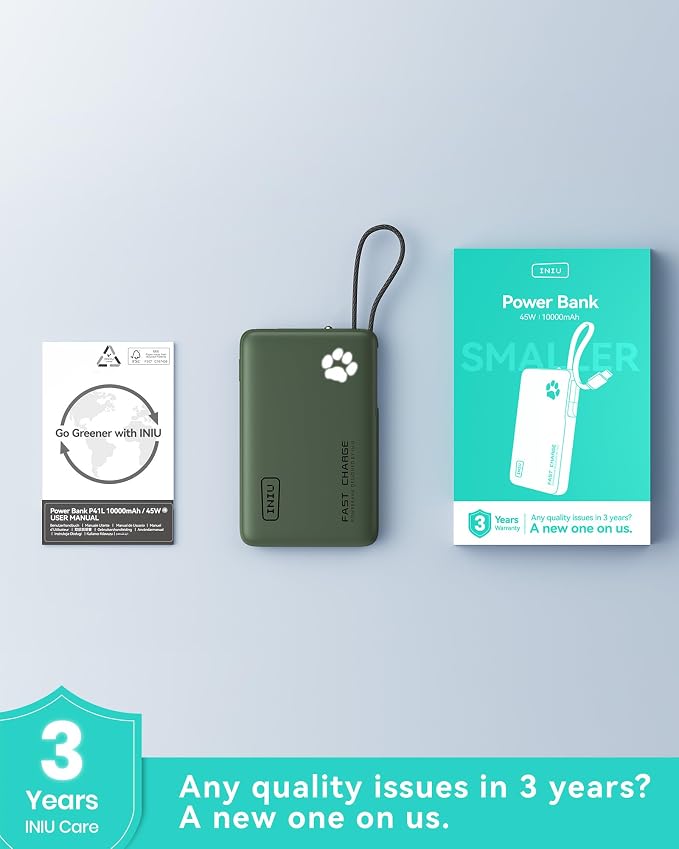 INIU 45W Fast Charging Tablet Portable Charger, Smaller 10000mAh Power Bank | Flight-Safe, Built-in USB C Cable, Flashlight, Battery Phone Pack for Tablet, iPad, iPhone 17 16, Samsung S26 etc, Green - Image 8