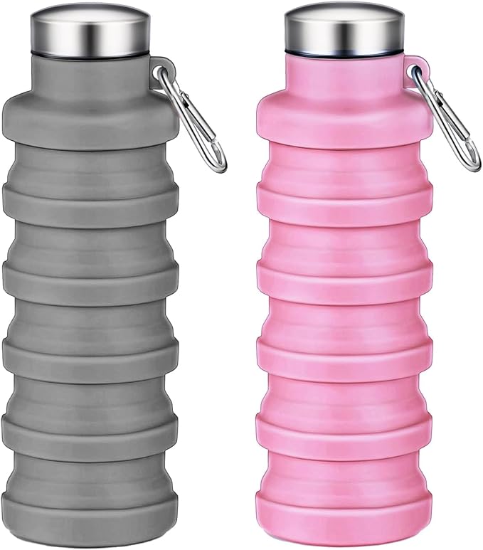 Collapsible Water Bottles,16oz Capacity Portable Reusable Silicone Water Bottle,Leak-proof,with buckle,foldable storage,Lightweight Durable for Fitness,Cycling,Sports,Camping,Hiking(Grey+Pink) by Unknown