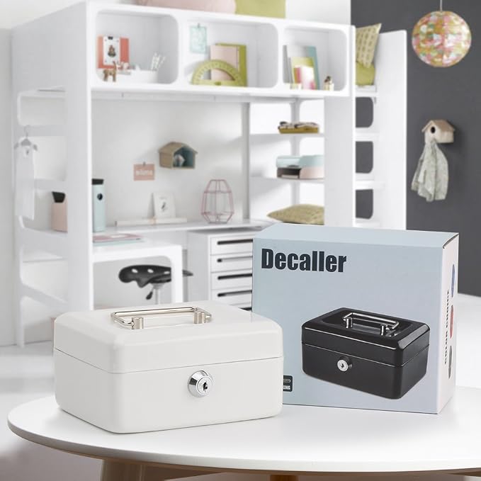 Decaller Small Cash Box with Key Lock, Double Layer Metal Money Box for Home Security, Portable Locking Box, 5.9" x 4.7" x 3.2", White - Image 6
