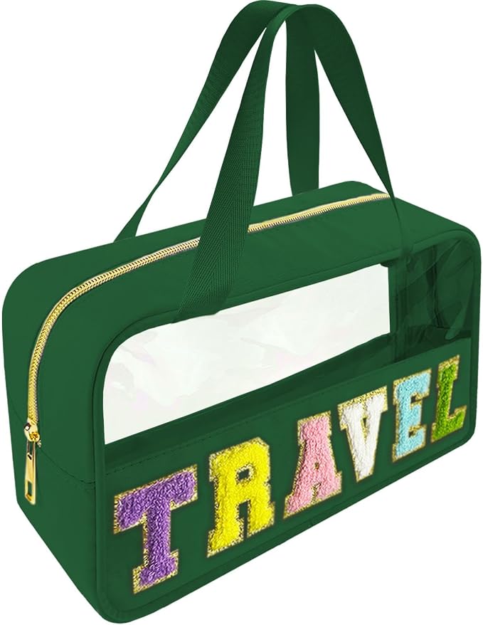 Bunliuys Chenille Letter Clear Makeup Bag Travel Patch, Travel Toiletry Makeup Bag with Handle, Nylon Waterproof Makeup Bags clear cosmetic bag, preppy patch makeup bag for Women (TRAVEL-Dark Green) by Bunliuys