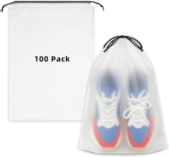 LazyMe Frosted Shoe Bags for Travel, 11.8 x 15.7 Inch, 100 Pack | Waterproof Drawstring Shoe Bags, Shoe Storage and Packing Bags, Bulk Travel Essentials for Men and Women by LazyMe