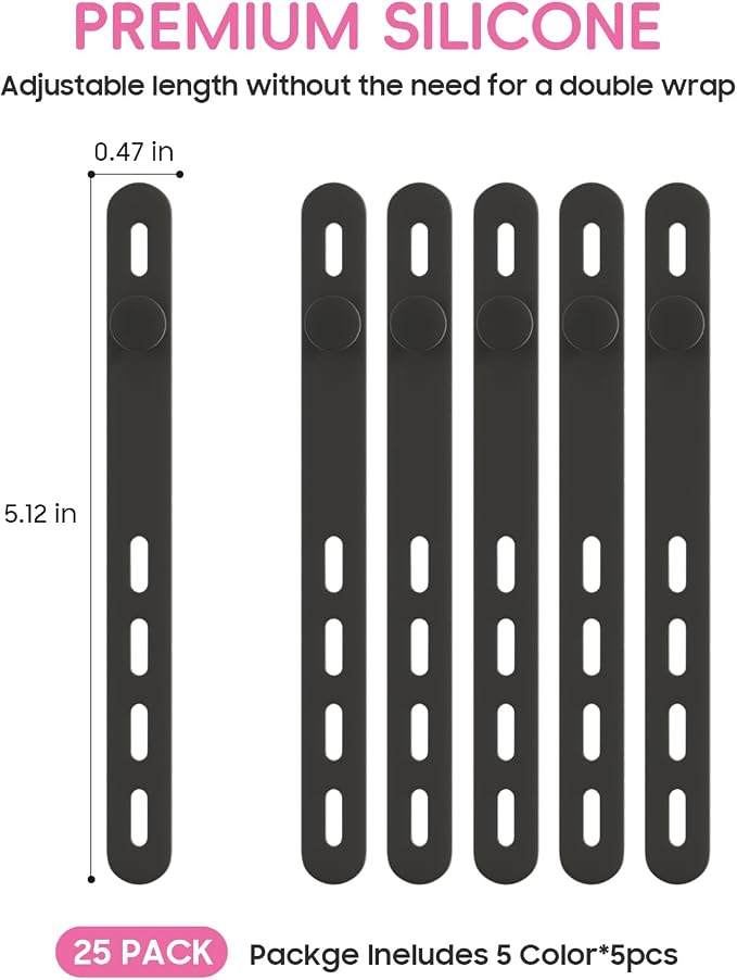 25Pack Silicone Cable Ties,Reusable Cord Organizer for Bundling Electrical Cords,Adjustable Data Cable Organizer Ties,High Elasticity Cable Straps for Home/Office/School/Travel(Black) - Image 2