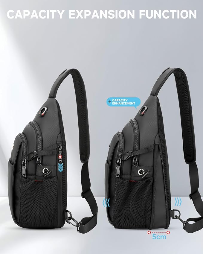 Anti Theft Sling Bag for Men, Expandable Crossbody Chest Bag with Water Bottle Pocket, Travel Sling Backpack Fits 11” iPad & Switch 2 for Commuting, Hiking, Daily Carry, Black | Mens Crossbody Bag - Image 2