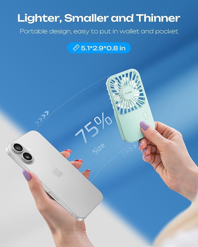 Otlonpe Rechargeable Mini Portable Handheld Fan, Small Personal Battery Powered Handheld Portable Fans for Hand Held Desktop Travel, Foldable Stand, Slim Cordless, Wrist Strap, 3-Speed (Teal) - Image 4