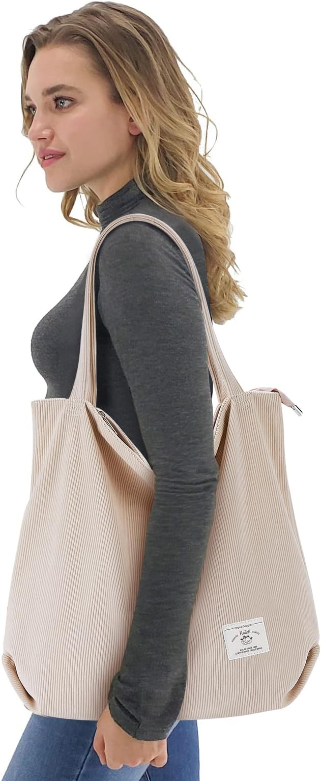 KALIDI Women Corduroy Tote Bag Zipper Casual Tote's Handbag Big Capacity Shoulder Bag with Pockets - Image 2