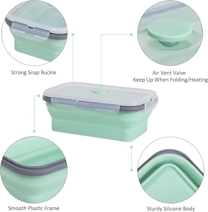 Collapsible Food Storage Containers with Lids & Vent, 27 oz, Kitchen Stacking Silicone Collapsible Meal Prep Container Set for Leftover, Microwave Freezer Dishwasher Safe, Mint Green, 4 Pack - Image 4