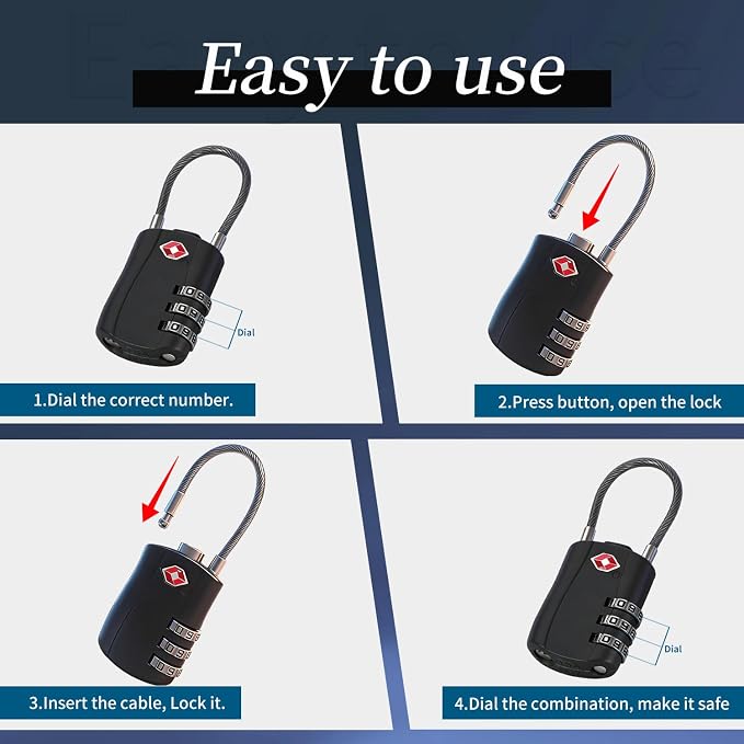 BLOSSOM TSA Approved Luggage Lock with Flexible Steel Cable 3-Dial Combination Padlock for Suitcases, Backpacks & Bags Keyless Travel Lock with Cut-Resistant Cable & Zinc Alloy Body (4 Pack) (4) - Image 6