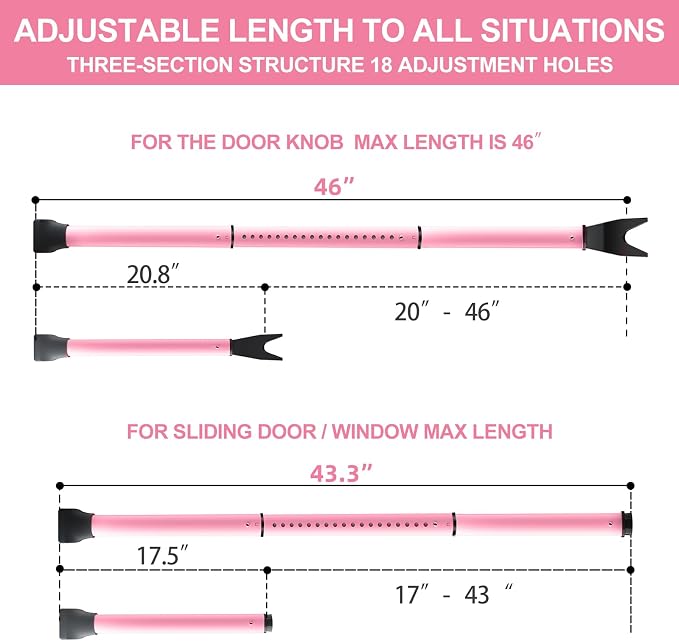 Rerishom 2 Pack Door Security Bar, Heavy Duty Door Stopper Jammer, Pink | Locking Security Bar for Door, Adjustable Home Security Barricade for Apartment, Hotel Room and Screen Door - Image 3
