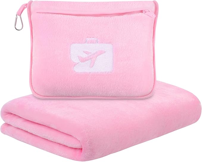 Travel Pillow and Blanket 2-in-1 Set Airplane Pink 60x50 Inch | Plane Packable, Soft Warm and Lightweight Flannel, Hand Luggage Sleeve and Backpack Clip, Plane Flight Car Trips by SINLAND