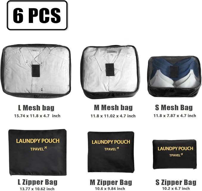 6 Set Packing Cubes for Travel Luggage Packing Bags Reusable Lightweight Suitcase Organizer Cubes Set for Travel Accessories (Black) - Image 2