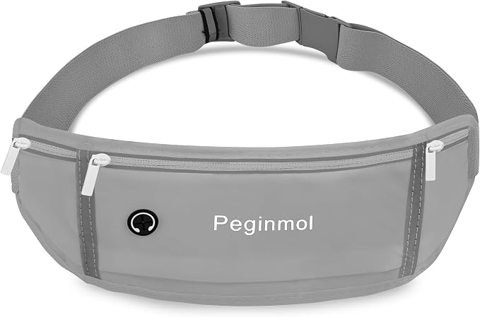 Slim Running Belt Fanny Pack, Waist Pack Bag for Women Men, Running Pouch for Phone Waterproof Reflective with 3 Pouches, Running Phone Holder for Sports, Traveling (Grey) by Peginmol