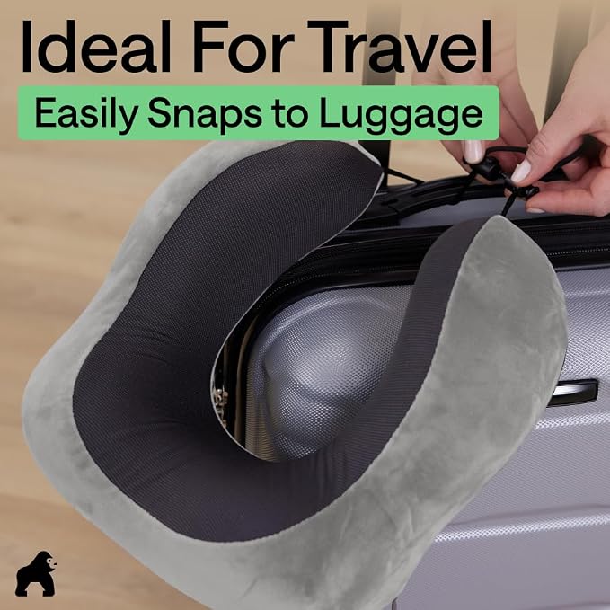 GORILLA GRIP Adjustable Travel Neck Pillow for Airplanes, CertiPUR-US® Memory Foam, Soft Velvet and Cooling Mesh Pillows, Support Headrest for Sleeping, Traveling Essentials, Flight Accessories, Gray - Image 9