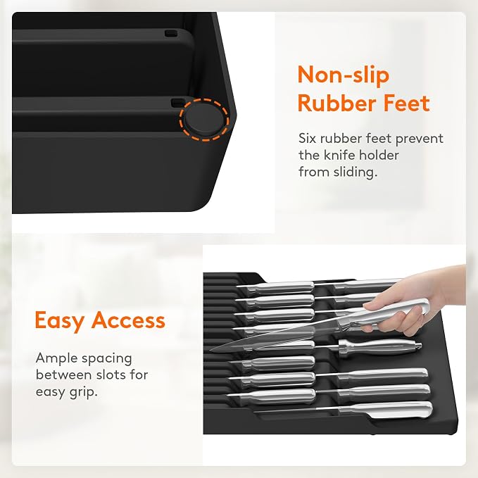 Lifewit Magnetic Drawer Knife Organizers Insert Pastic for 16 Knives, Black | Kitchen Plastic In Drawer Knife Block Slots, Steak Chefs Knives Holder Storage for 16 Knives and 1 Sharpening Steel 16.5" - Image 6