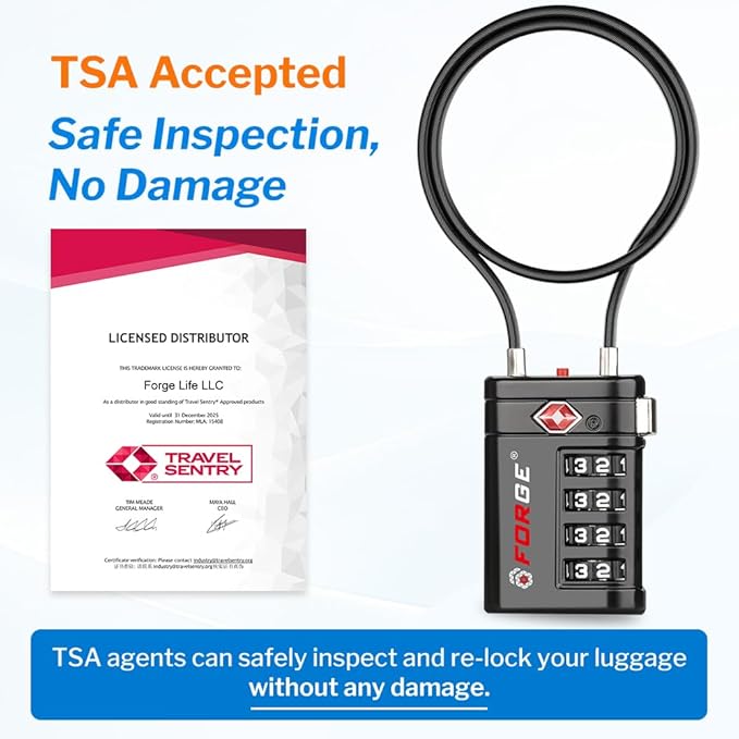Forge TSA Approved Luggage Locks 4 Digit Combination TSA Travel Locks with TSA008, Open Alert Indicator, Zinc Alloy Body for Luggage, Suitcase, Backpack, and More. 2 15'' Cable Locks. - Image 5