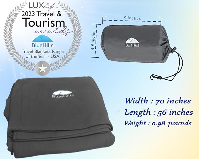 BlueHills Ultra Compact and Lightweight Travel Blanket Pillows for Two Airplane Traveling Essentials Flight Throws in Bag Large Plane Accessories – Gray and Navy Blue - Image 4