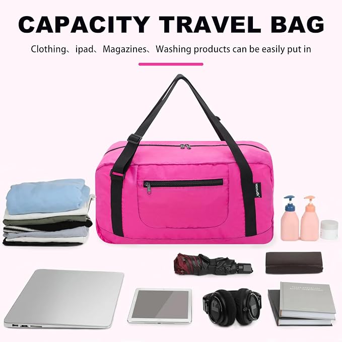 HOLYLUCK Foldable Travel Duffel Bag For Women & Men Luggage Great for Gym - Fuchsia - Image 3