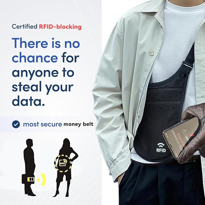 Money Belt for Travel, RFID Blocking Hidden Neck Wallet & Passport Holder | Unisex dual-strap + RFID, slim breathable, 3-compartment holds 4 passports+2 phones, durable YKK, water-resistant. - Image 4