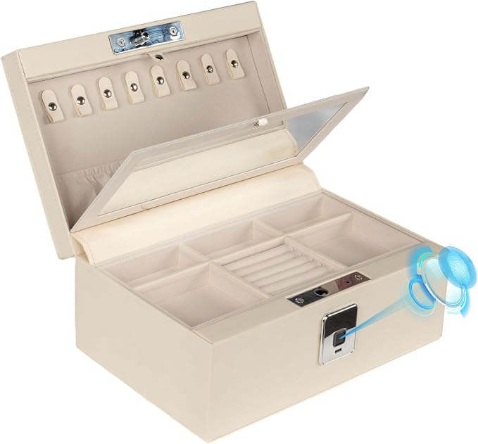 Jewelry Safe, Biometric Fingerprint Safe, Leather Wrapped Jewelry Box with Lock & Mirror, Ultra-Lightweight Jewelry Box Suitable for Home Use & On-the-Go(Three-Tier White) by SecureYourWorld