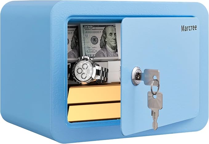 Marcree Mini Safe Box, 0.23 Cub Home Safes for Kids, Blue Small Safe | Money Box with Key Lock, Kids Safe for Money Cash Valueables, Stylish Security Safe for Gifts, 6.69 x 9.06 x 6.69 Inches by MarcreeSafe
