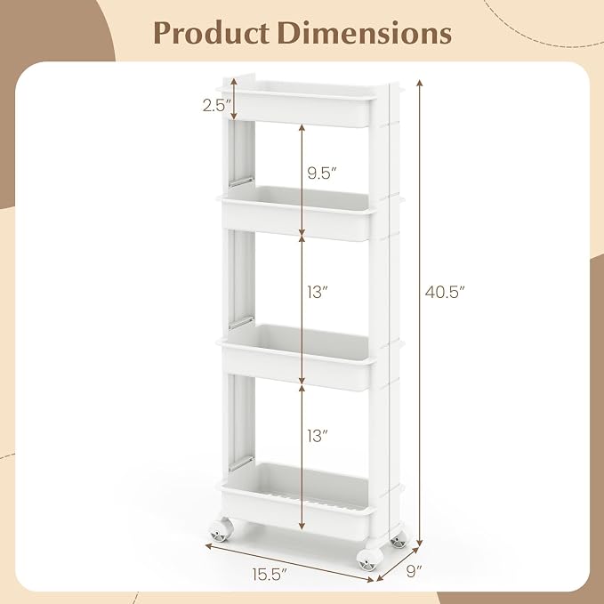 Giantex 4-Tier Slim Rolling Storage Cart, 9" W Narrow Slide Out Plastic Organizer Rack with Wheels, Mobile Utility Cart w/Shelving Unit for Kitchen, Bathroom, Office, Laundry Room - Image 2
