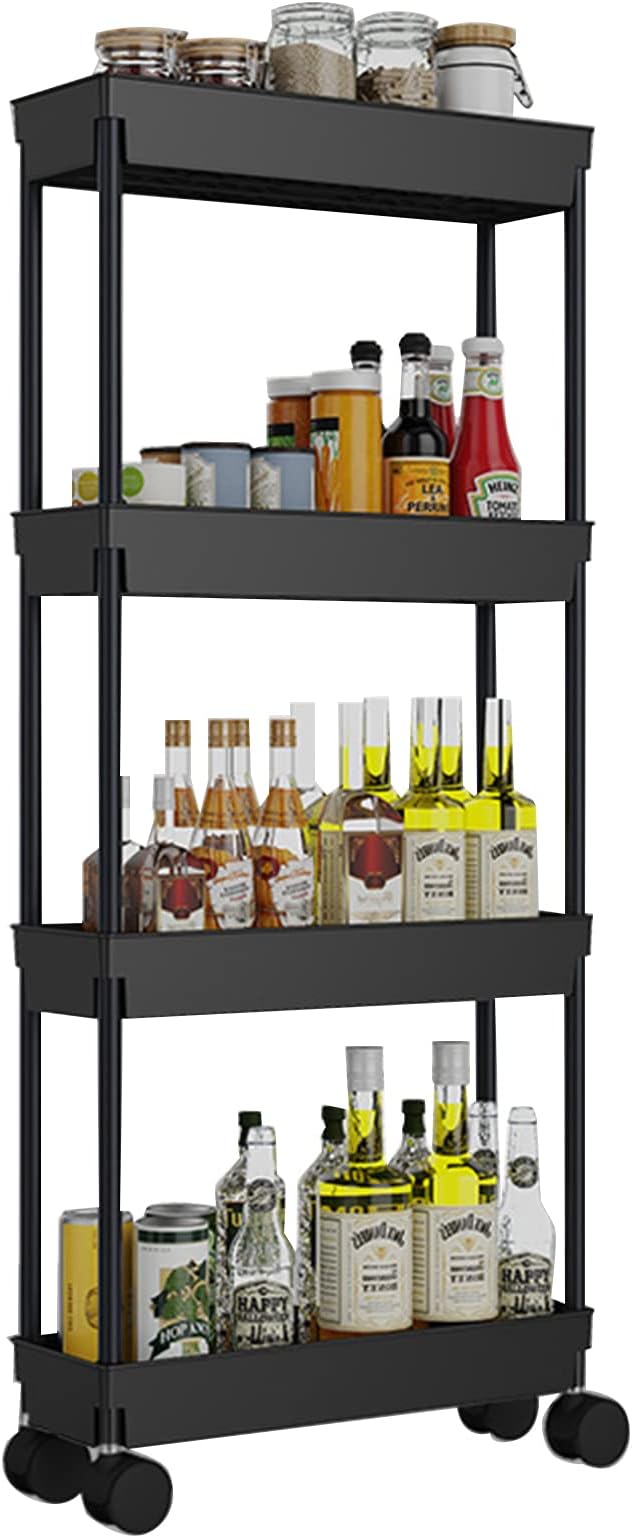 4 Tier Kitchen Bathroom Storage Rolling Cart 39 Inches Tall Slim Utility Rolling Shelf Cart with Wheels Coner Storage Shelves Cart, Black by Wensdr