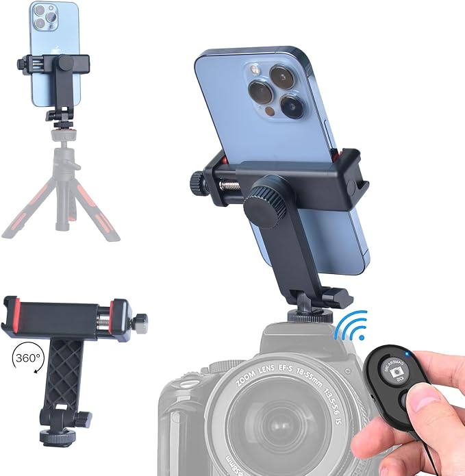 Ruittos Phone Tripod Mount with Remote Controller, New Universal Smartphone Mount Adapter with Cold Shoe, 360° Rotates Cell Phone Clip Clamp Holder, Compatible with iPhone, Samsung and All Phones by Ruittos