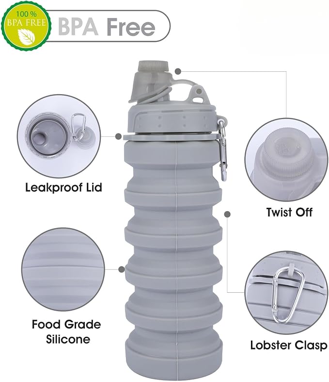 Collapsible Water Bottles for Kids, Students, Adults, Reusable BPA Free Silicone Foldable Sports Water Bottles for Travel Camping Hiking, Folding Travel Water Bottles, Gary - Image 3