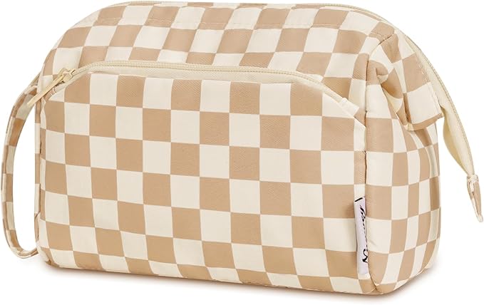 Narwey Large Checkered Makeup Bag Women Wide-open Make up Bag Travel Cosmetic Bag Organizer Toiletry Bag for Cosmetics Toiletries Accessories (Light Checkerboard) by Narwey