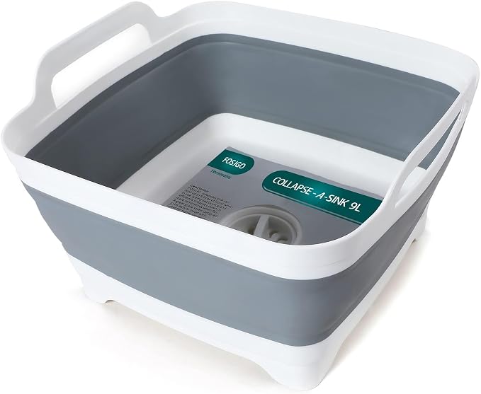 FOSJGO Collapsible Dish Basin with Drain Plug, Foldable Sink, 2.4 Gal (9L) | Space-Saving Wash Basin for Kitchen, Baby Bottles, Vegetable Washing, Camping, RV and Party Beverage Tubs by FOSJGO