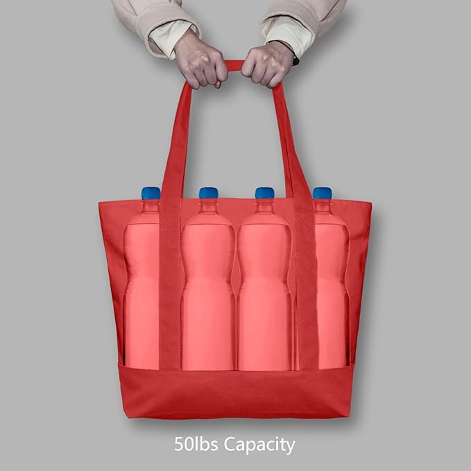 TOPDesign 3-Pack Canvas Tote Bags with an External Pocket, Reusable Grocery Shopping Bags, Top Zipper Closure, Daily Essentials (Red) - Image 6