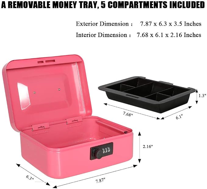 Jssmst Medium Cash Box with Combination Lock - Durable Metal Cash Box with Money Tray Pink,7.87 x 6.3 x 3.35 inches,CB0704M - Image 3