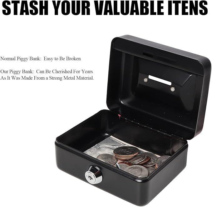 Small Cash Box with Lock and Slot - Jssmst Metal Coin Bank Small Lock Box, Black(SMCB0301N) - Image 5