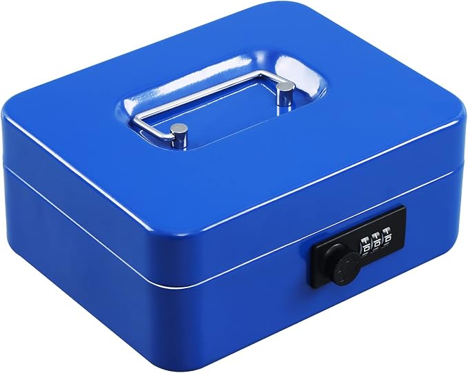xydled Steel Cash Box Safe with Combination Lock,Money Safe Box with Removable Coin Tray,Medium,7.87"x 6.30"x 3.54",Blue by xydled