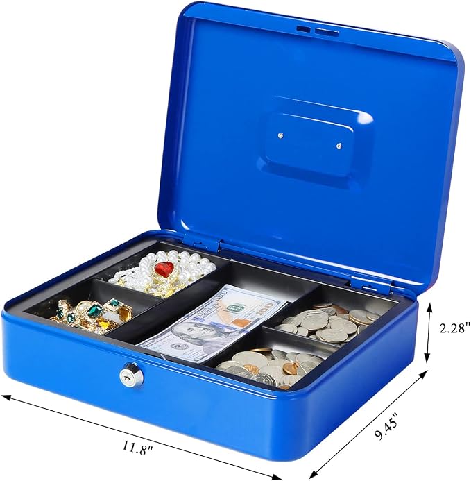 Jssmst Large Cash Box with Key Lock - Durable Metal Cash Box with Money Tray, 11.81 x 9.84 x 3.46 inches (X-Large, Blue) - Image 2