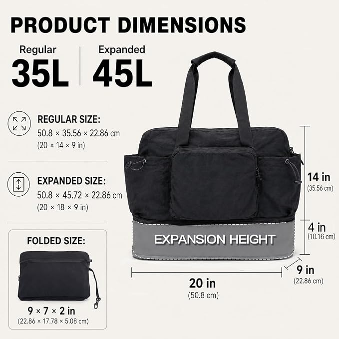Foldable Travel Duffel Bag,Packable Weekender Bag with Luggage Sleeve, 35L-45L Expandable Overnight Carry-On Tote with Padded Shoulder Strap, Lightweight Nylon Extra Bag for Travel - Image 5