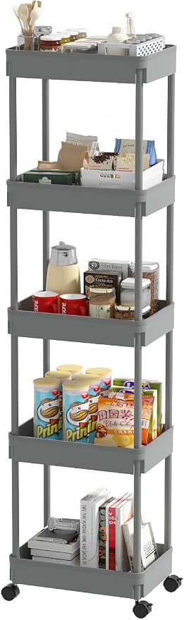 Sooyee 5-Tier Plastic Rolling Utility Cart with Wheels, Grey | Multi-Functional Storage Trolley for Office, Living Room, Kitchen, Movable Storage Organizer with Wheels by Sooyee