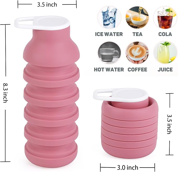Collapsible Silicone Water Bottle - 20oz Foldable, Leakproof, BPA-Free - for Gym, Travel & Daily Use (Pink) - Image 2