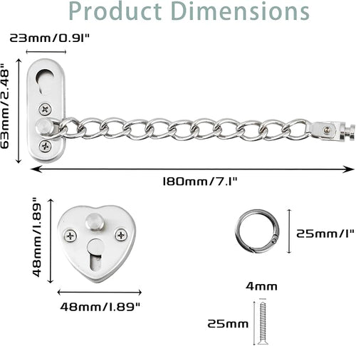 Alise Door Chain Lock, Brushed Nickel Adjustable Child Proof Security Door Lock for Apartment | Stainless Steel Chain Door Lock,Heart-Shaped Design Press-To-Unlock Heavy Duty Chain Lock For Barn Bedroom & Travel - Image 2