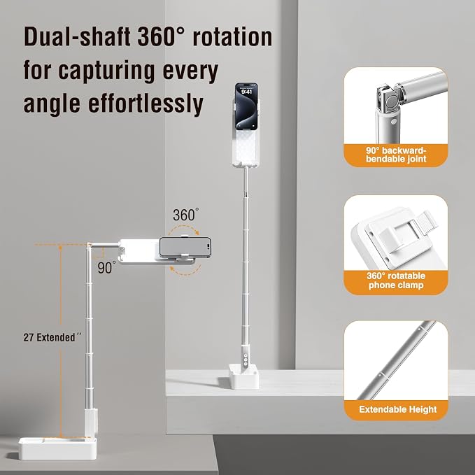 4smarts Phone Tripod Recording with LED Light, 360° Rotatable, Portable & Extendable Stand for 3.5-6.9” Smartphones, Wireless Rechargeable, Ideal for Beauty Content & Live Streaming - Image 3