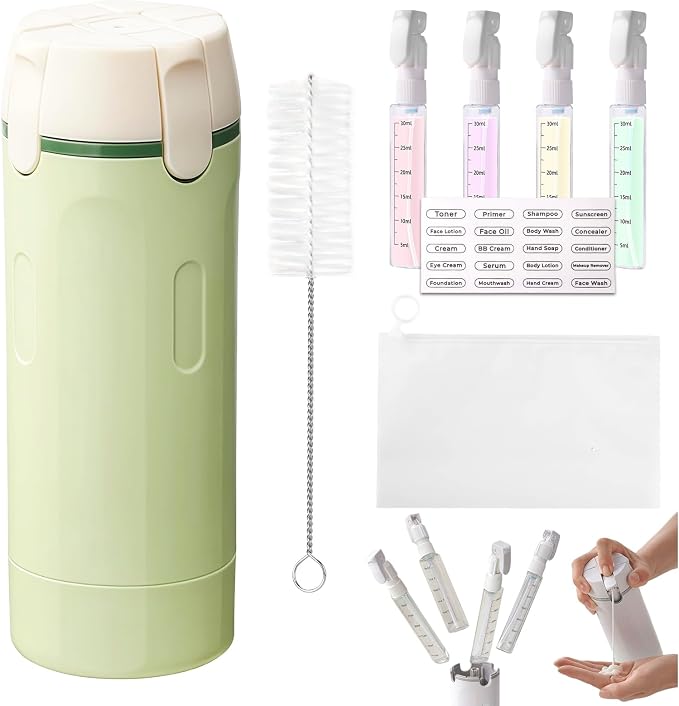 4 in 1 Travel Dispenser, Refillable Leak Proof Travel Bottle Set (Green) | 4 Pack 30ML TSA Approved Travel Toiletry Bottles with Stickers, Brush & Storage Bag for Shampoo, Lotion and Conditioner by JAIZAIWJ