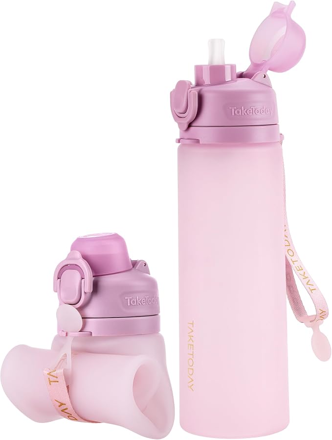 TakeToday Collapsible Water Bottles 21oz (600mL), Foldable Platinum Silicone Travel Water Bottle with Straw & Carry Strap, Leak-Resistant Screw Lid, Wide Mouth, BPA-Free for Hiking, Camping, Travel by TAKETODAY