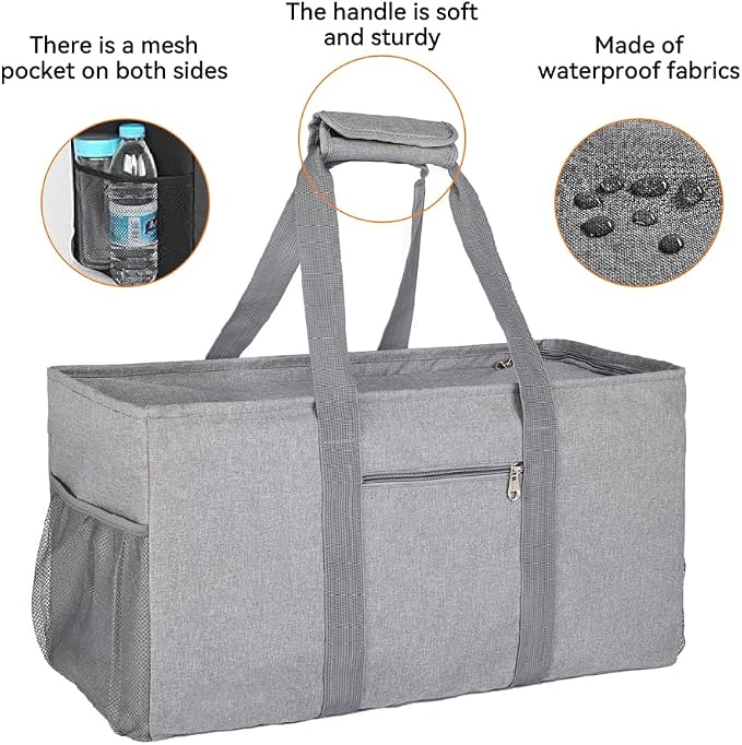 Extra Large Utility Tote Bag - Reusable Grocery Bags Foldable Heavy Duty | Large Shopping Tote 4 Pockets & Reinforced Handles, Water-Resistant Collapsible Tote for Beach, Picnic, Car Storage - Image 3