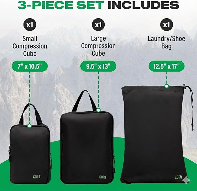 COR Surf Compression Packing Cubes, Laundry & Shoe Bag, 3 Piece Black | 1 Large & 1 Small Cube, 2-Zipper Compression + Laundry Bag, Tear & Water-Resistant Ripstop, Reinforced Zippers - Image 3