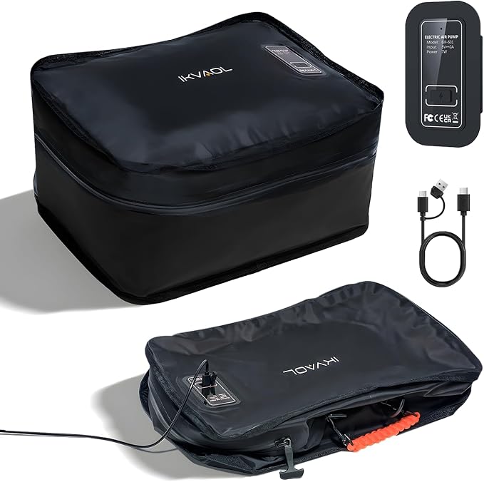 Travel Vacuum Packing Cubes with Built-in Pump, Space Saver (1-Pack) | 23L Small Organizer, Built-in 50kPa Pump, USB-C phone & power bank, 180° Opening, Airtight Zipper, Tearproof Fabric by IKVAOL