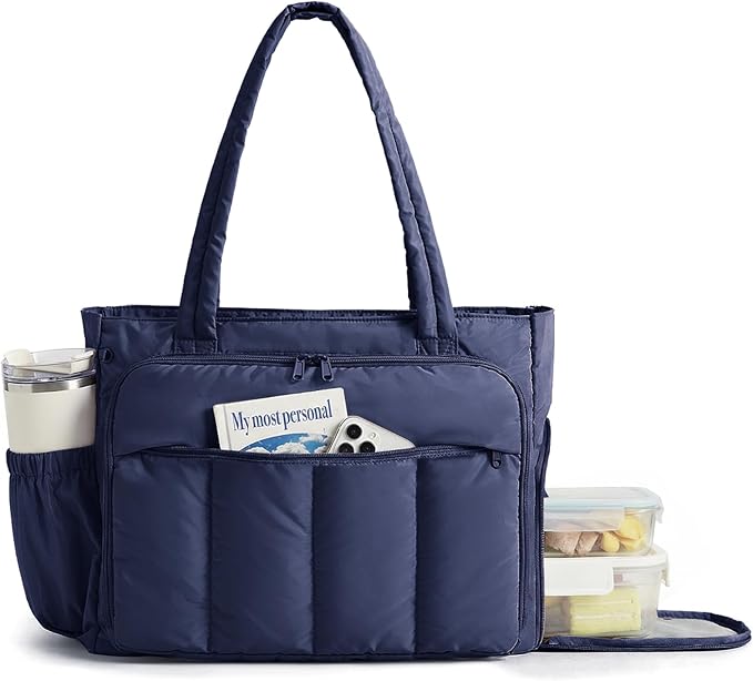 BAGSMART Tote Bag for Women, Puffy Work Tote Bag with Zipper, Quilted Large Teacher Bag for Work, Travel by BAGSMART